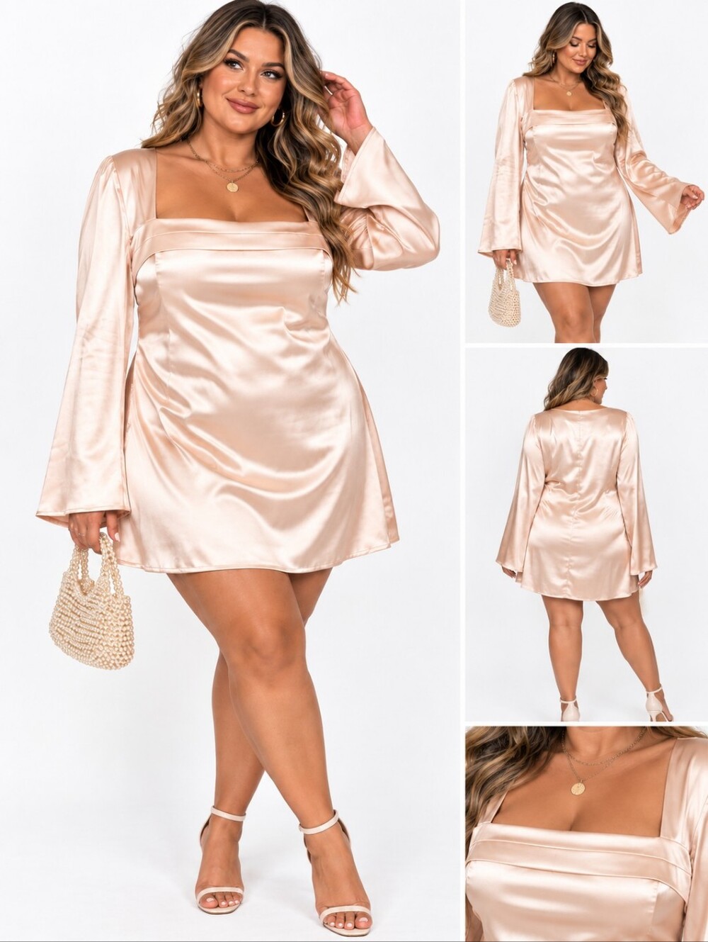 HYPERFIRE Satin Mini Dress XL Blush Pink Square Neck Bell Sleeve Coquette